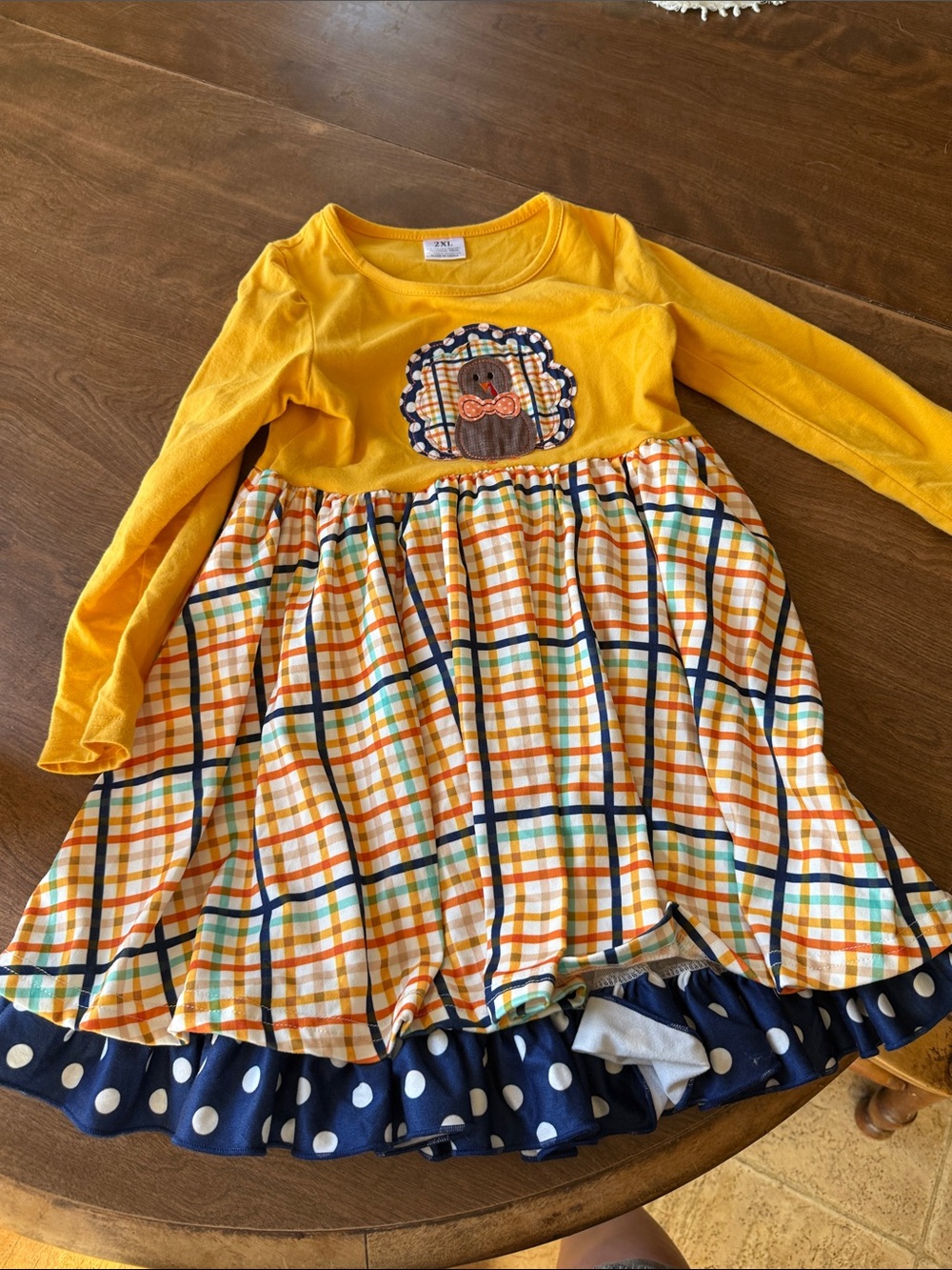 Girls Yellow Plaid Long-Sleeve Dress with Navy Polka Dot Ruffle